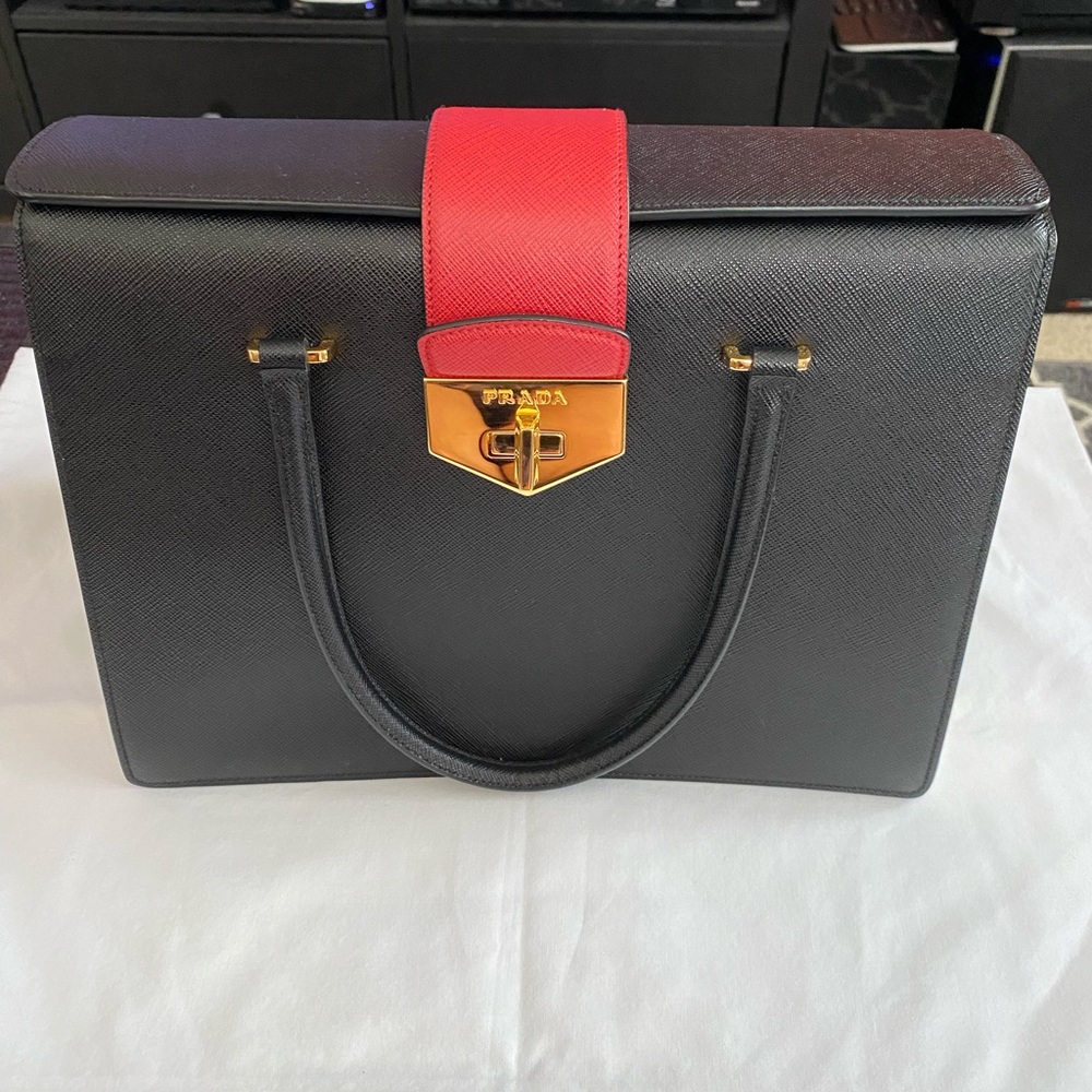 Prada Saffiano Black/White/Red Twin Tote Runway